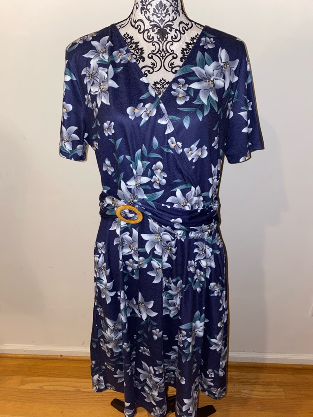 Navy Floral Wrap-Style Midi Dress with Buckle Belt